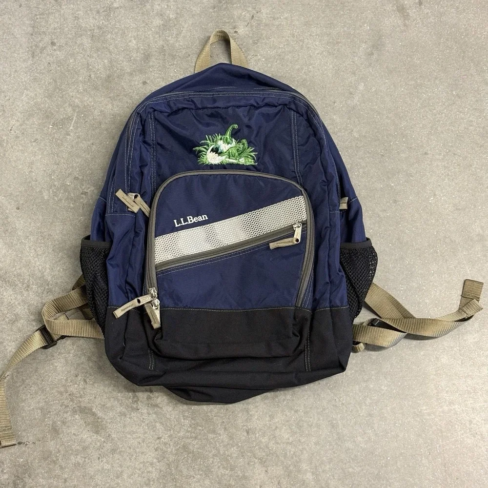 Y2K L.L. Bean Backpack Dinosaur Travel Book Gym Reflective Embroidered Blue Rare